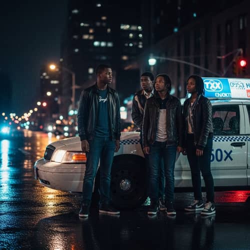 Urban Street Scene with African-American Teenagers on a Rainy Night