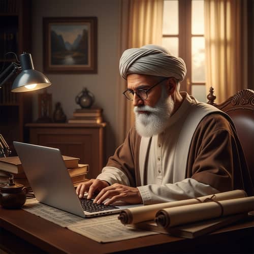 Elderly Chronicler Typing on Laptop | Bridge of Old and New Worlds