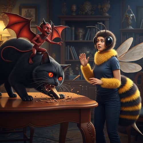 Cat Eating Brown Table with Demon and Person with Bee Body