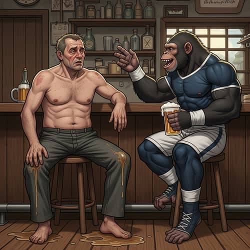 Strange Encounter: Man and Primate in Rustic Tavern