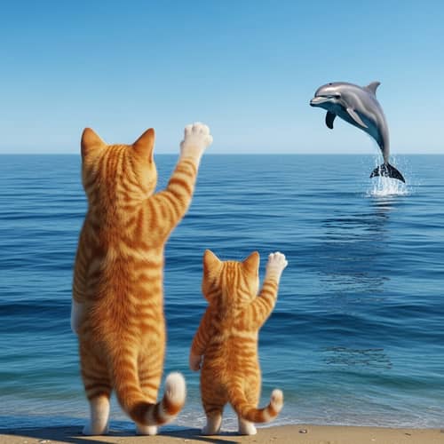 Ginger Cat and Kitten Watching Dolphin in Blue Sea