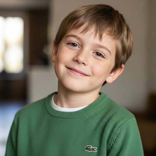 Young Boy in Green Sweater | Designer Logo on Sweater