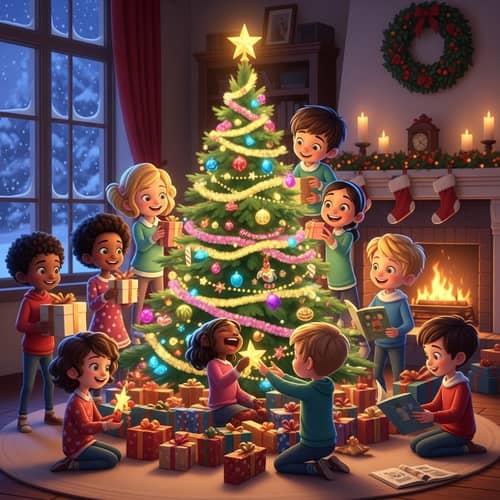 Joyful Kids Playing Around Christmas Tree | Fun Holiday Scene
