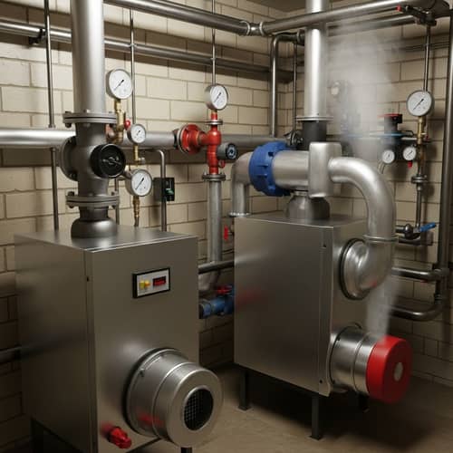 Meticulously Detailed Boiler Room with Complex Network of Pipes