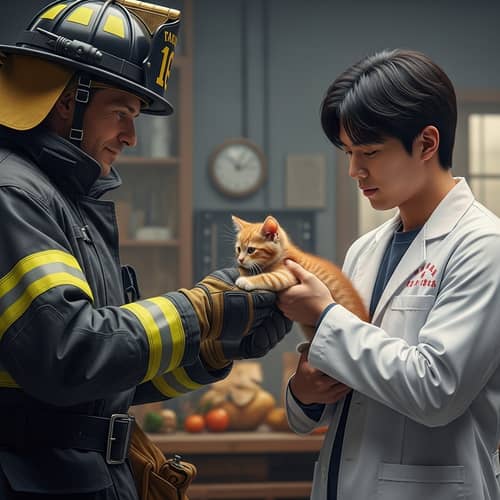 Realistic Hyperrealism: Firefighter Passing Orange Kitten to Young Asian Scientist