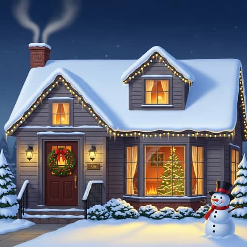 Festive Christmas House Decor with Snowman & Pine Tree