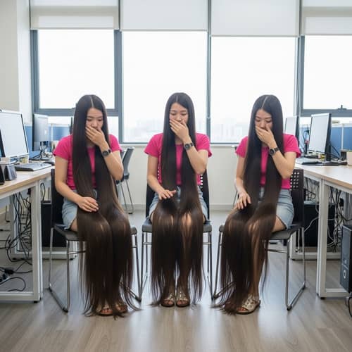 Asian Teenage Girls in Sunlit Office with Long Black Hair