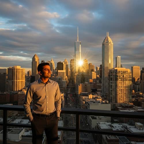 Professional South Asian Man Enjoying Sunset Over Cityscape