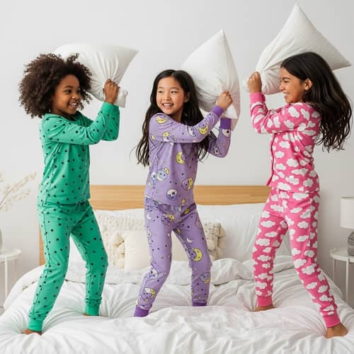 Diverse Girls' Pillow Fight in Cute Pajamas | Fun Bedroom Scene