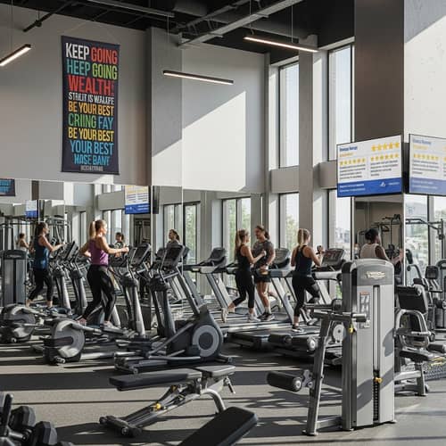 Vibrant Gym Experience with Motivational Banner | Fitness Reviews