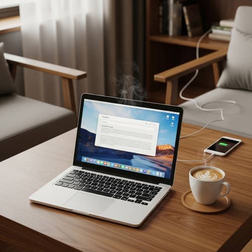 Cozy Workspace with Laptop and Coffee on Wooden Table