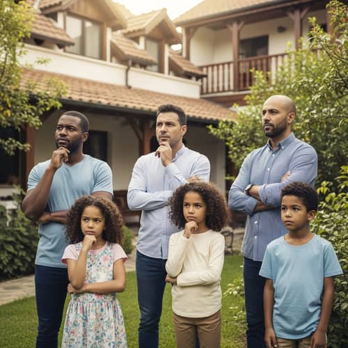Tranquil Family Contemplating in Country House Courtyard