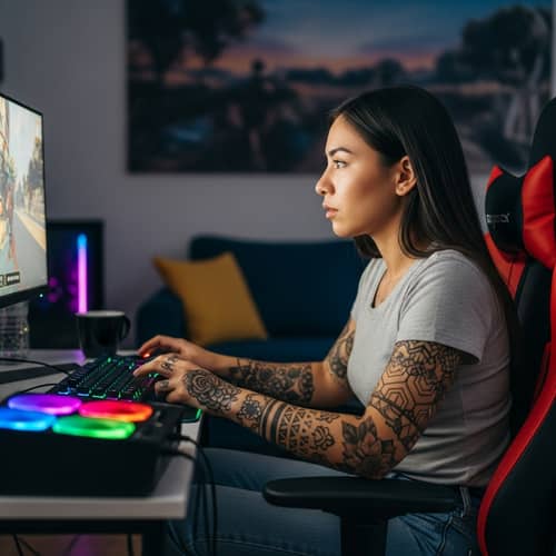 Hispanic Tattooed Woman Gaming Intensely | Gamer Girl Image