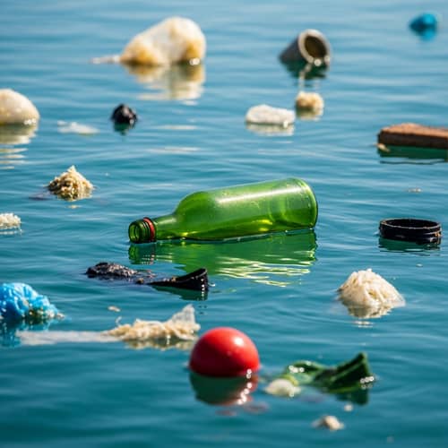 Ocean Pollution: Bottle Floating Among Garbage