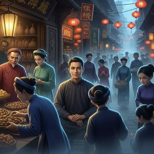 Vietnamese Man Smiling Serenely in an Asian Ghostly Setting