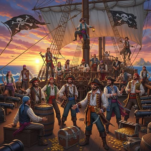 Pirate World Adventure: A Colorful Ocean Scene with Diverse Pirates