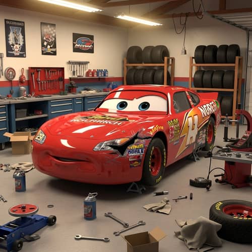 Expressive Red Racing Car in Disrepair | Garage Scene