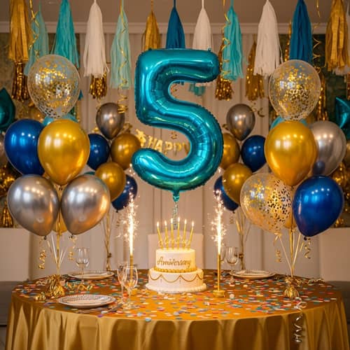 5th Anniversary Celebration | Festive Balloon Decor & Delicious Cake