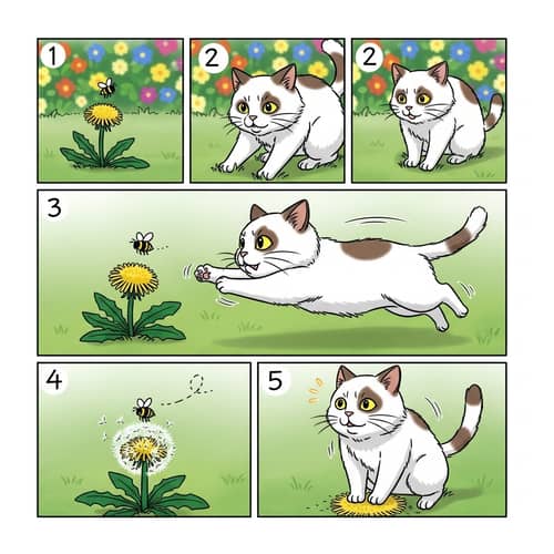 Short Comic Strip: Chubby Bobtail Cat in Green Yard