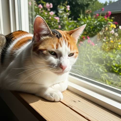 Calico Cat Enjoying Morning Sun on Wooden Windowsill