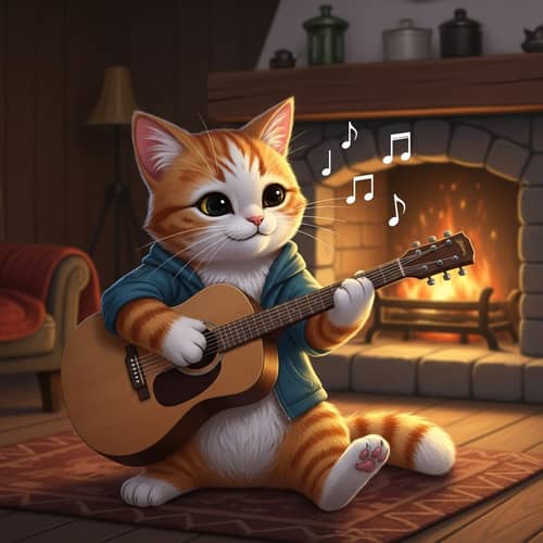 Cute Feline Strumming Acoustic Guitar | Cozy Room Setting