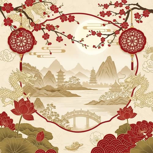 Chinese Wallpaper Design with Dragon, Lotus, and Cherry Blossoms