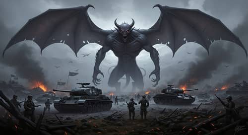 WW2 Demon Concept Art: Spectral Creature Over Battlefield