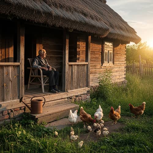 Aged Wooden House with Man Sitting on Porch | Rural Scene