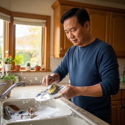 Vietnamese Man Washing Dishes | Homely Kitchen Scene