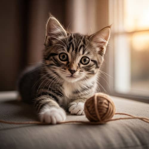 Adorable Tabby Kitten Playing with Yarn on Cushion