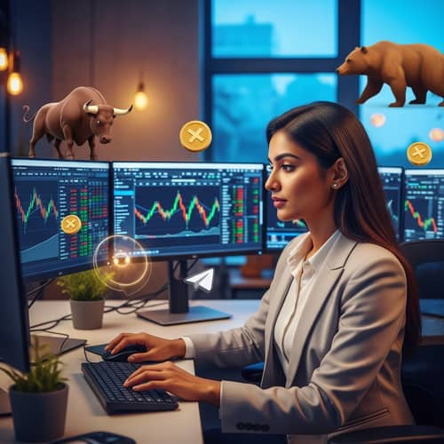 Bright Stock Trading Avatar: Confident South Asian Woman in Markets