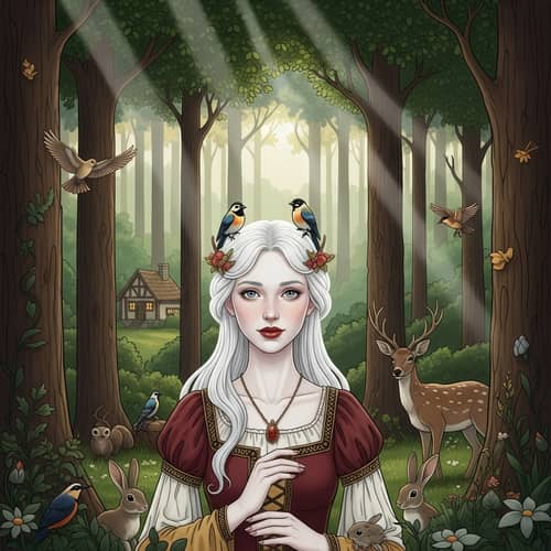 Snow White Illustration: Enchanting Medieval Scene with Forest Animals