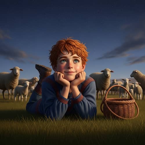Young Shepherd Boy with Red Hair Under Starry Night Sky