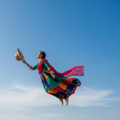 Joyful South Asian Girl Soaring in Vibrant Dress | Dramatic Sky Scene