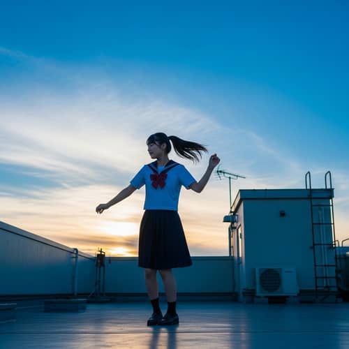 Young Japanese Girl Dancing on School Roof
