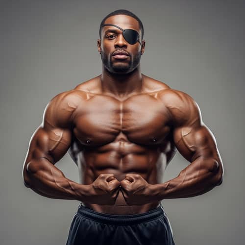 Muscular African American Man with Eyepatch | Physical Fitness Symbol
