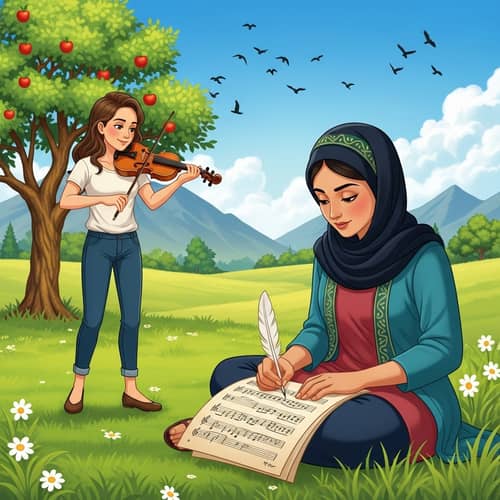Tranquil Scene: Women Making Music in Green Meadow with Apple Tree