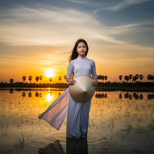 Vietnamese Girl in Ao Dai Dress at Sunset in Paddy Field