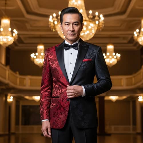 Regal Asian Man in Stylish Black and Red Tuxedo
