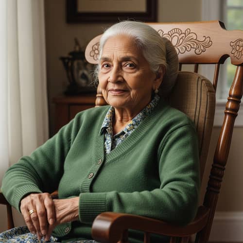 Elderly South Asian Woman in Green Sweater on Rocking Chair