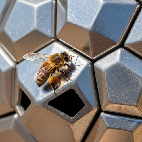 Bee Landing on Geometric Metallic Object