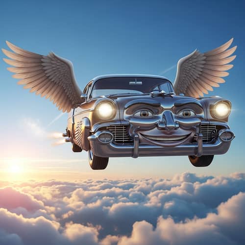 Car with Wings and a Man's Face - Unique Design
