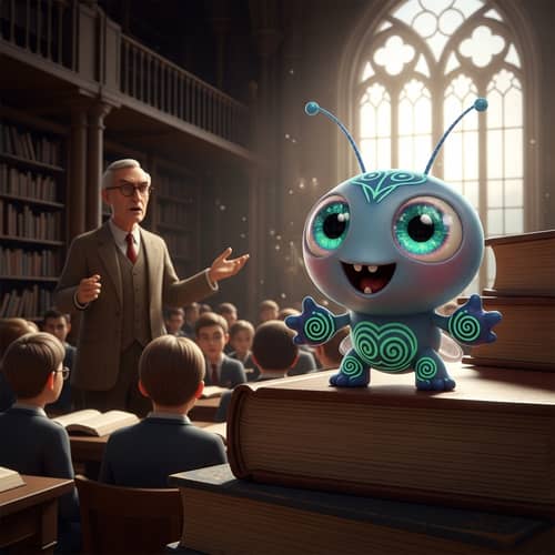 Delightfully Fantastical Miniature Creature in Academic Setting