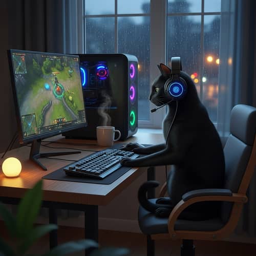 Black Cat Playing Dota 2 - Relaxing Evening Scene