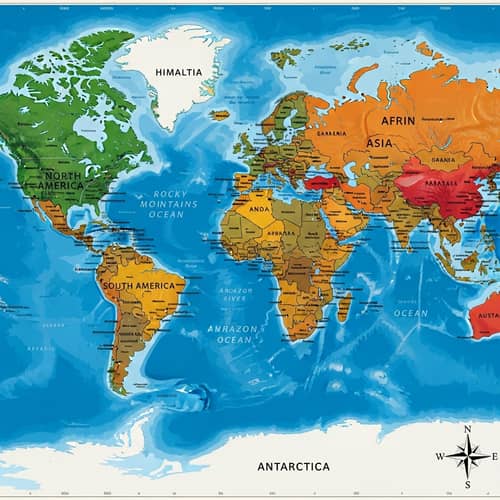 Detailed World Map with Continents, Oceans, and Cities