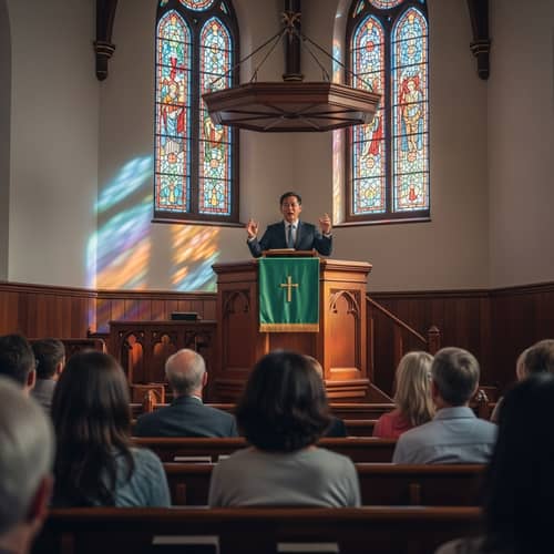 Sermon in a Quiet Church: Preaching Scene with Impactful Gestures
