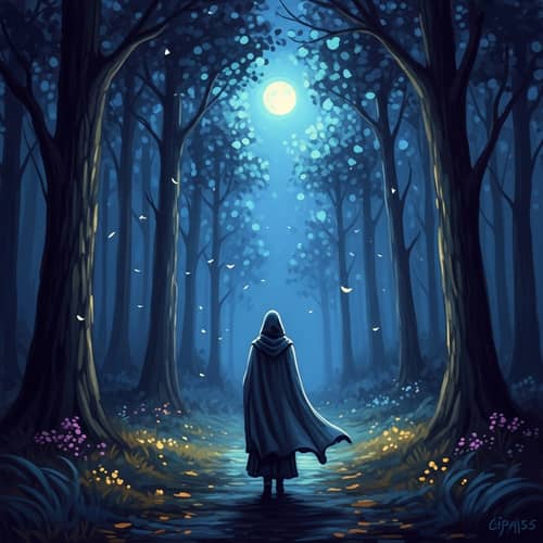 Mysterious Figure in Moonlit Forest: Impressionism Art