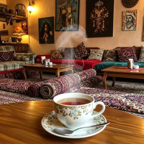 Bohemian Café Scene with Herbal Tea | Cozy and Inviting Atmosphere