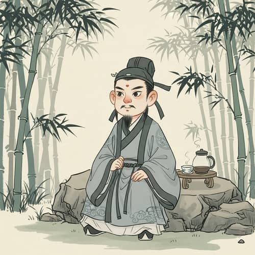 Q-Style Scholar in Hanfu Costume - Tranquil Bamboo Forest Scene