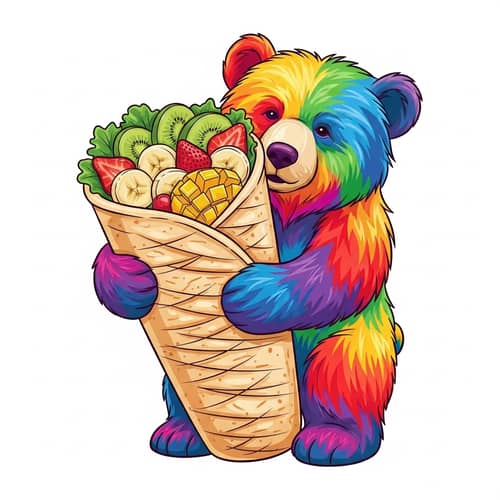 Colorful Rainbow Bear Embracing Shawarma with Tropical Fruits